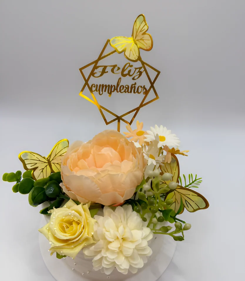 Gold Floral Happy Birthday Cake Topper Set