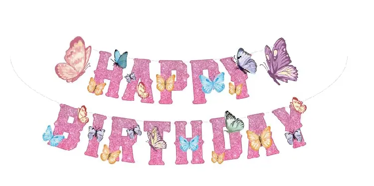 Pink Butterfly Happy Birthday Banner – 15 pcs