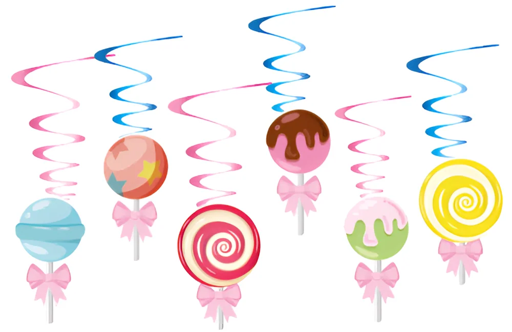 Candy & Lollipop Hanging Swirl Decorations – 12 pcs