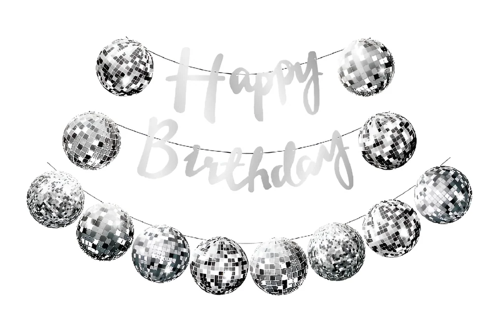 Silver Disco Ball Script Happy Birthday Banner – 17 pcs