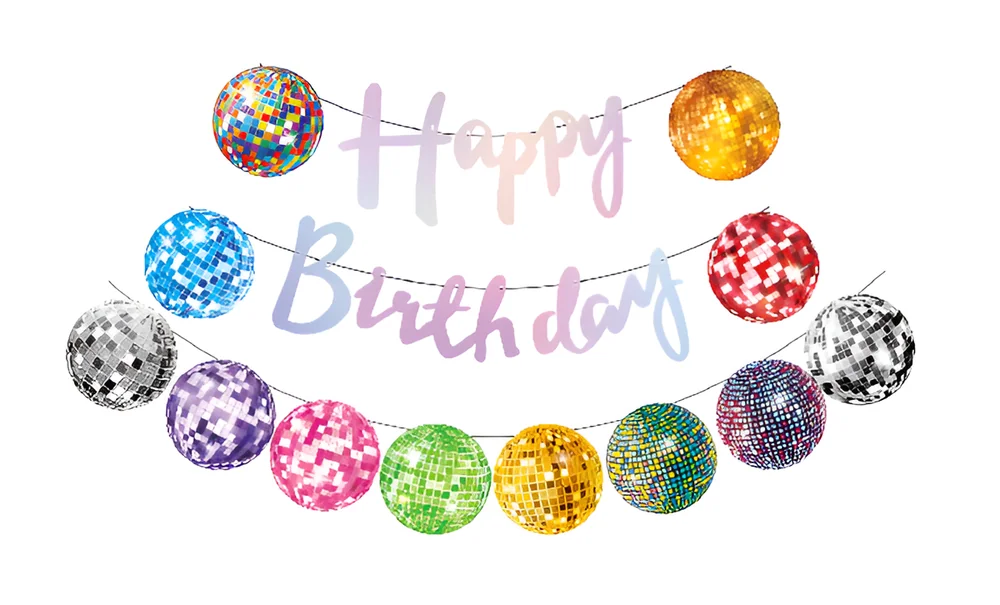 Colorful Disco Ball Script Happy Birthday Banner – 17 pcs