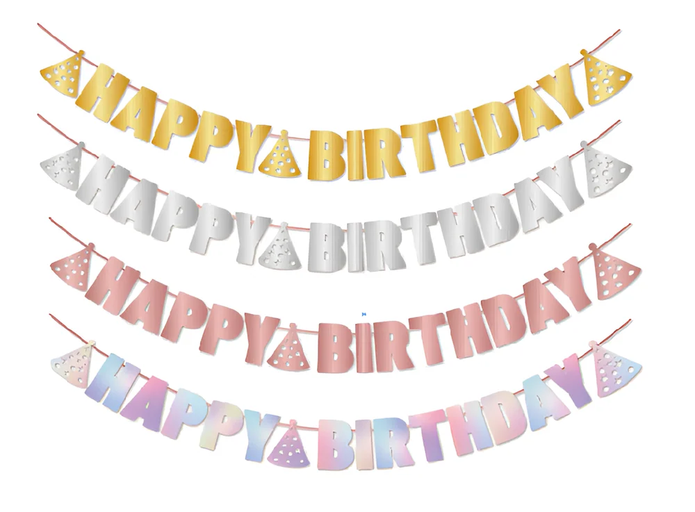 Mirror Script Happy Birthday Banner (Gold, Silver, Rose Gold) – 13 pcs