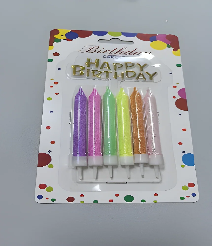 Birthday Candle – 6 Thick Polished Rods with Gold Powder +cake Topper English