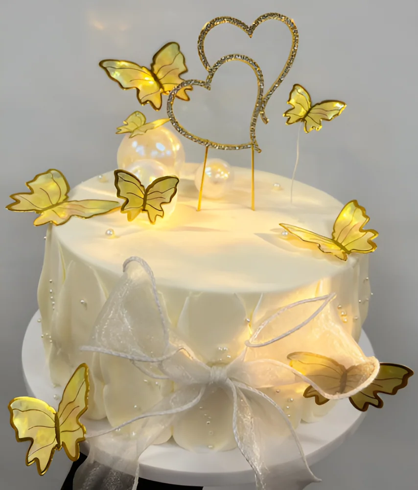 Gold Butterfly & Heart Cake Topper Set