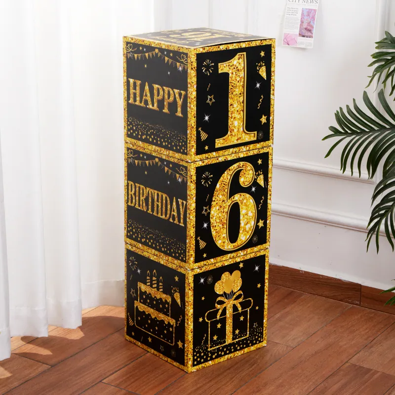 Black & Gold Birthday Age Box (16) – Set of 3