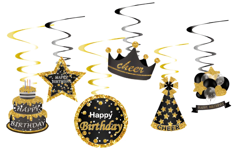 Black & Gold Birthday Hanging Swirl Decorations – 12 pcs